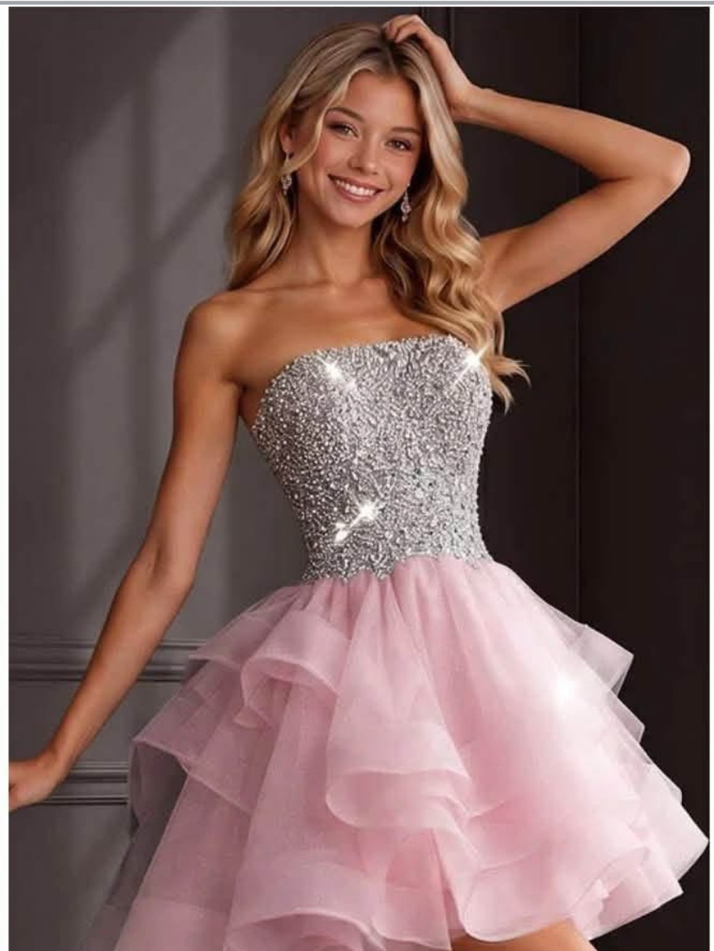 Jovani Silver Sequin Bodice with Pink Organza Ruffle Strapless Dress